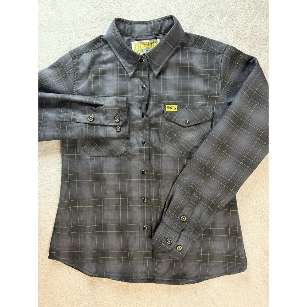 Dixxon Flannel Shirt Womens M The Raven Snap Long Sleeve Gray Yellow Plaid